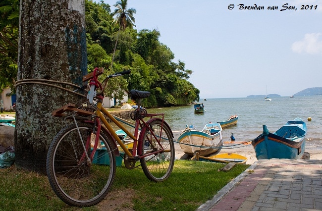 A colourful bike on the beach in Paraty