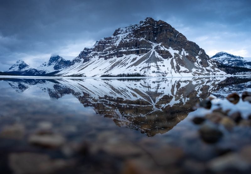 Bow Lake. Reflections of the mountains in the lake.
